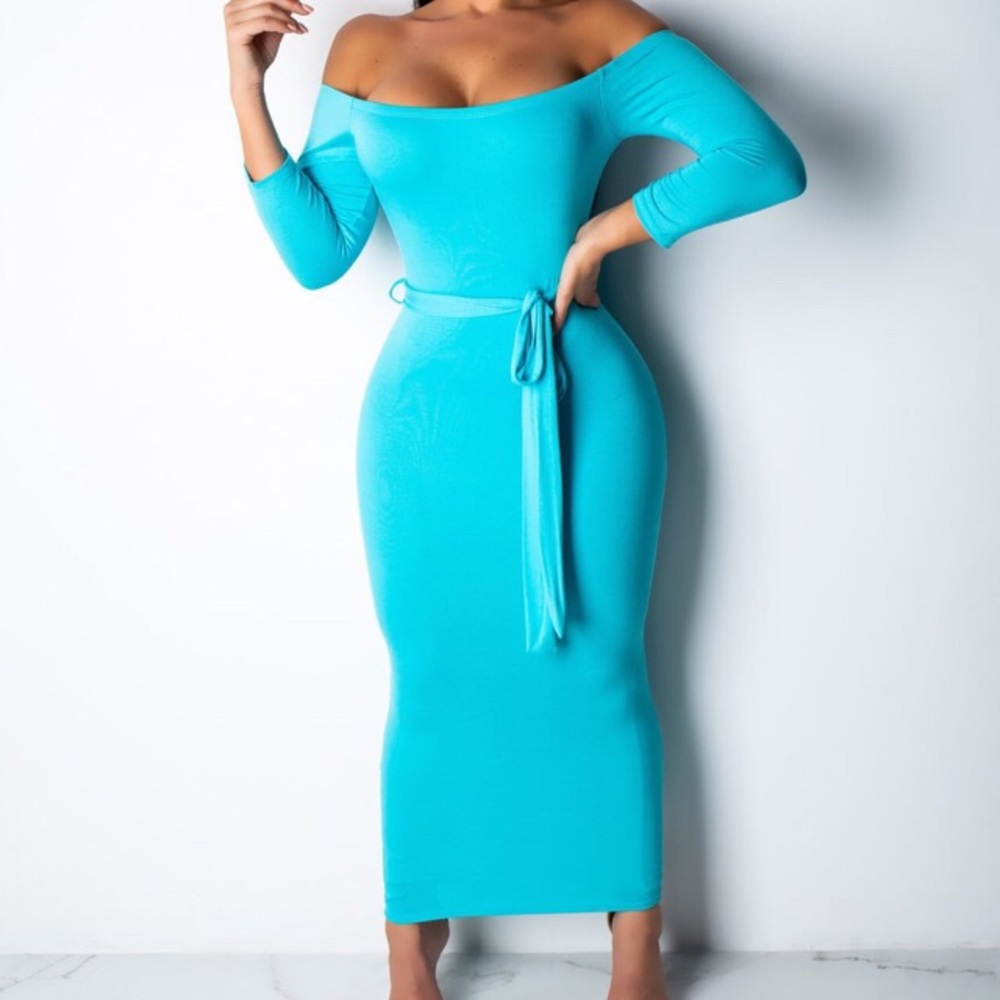Off Shoulder 3/4 Sleeve Dress with Belt